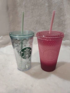 2 Starbucks Tumblers - Holiday Waxberry Blush Pink Studed & Clear Mermaid Lot - Picture 1 of 14