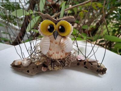 Sea Shell Owl Figurine Perched on Driftwood Hand Made - Image 1 of 4