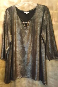 JM COLLECTION BLACK GOLD SEQUINS METALLIC FORMAL TUNIC BLOUSE CHAINS LOOPS XL - Picture 1 of 7