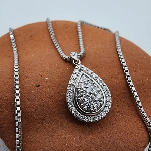 10k .417 White Gold .6 ctw Diamond Teardrop Pendant w 20" Box Necklace Au 24136 - Picture 1 of 11