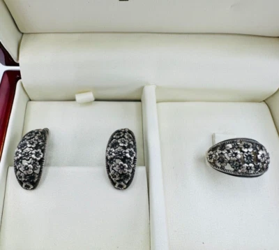 Vintage Soviet Silver 875 Set Ring Earrings Women's Jewelry - Image 1 of 4