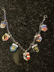 800 REU 835 W Vintage European Silver Travel Shield 7 Charms 925 Bracelet - Picture 1 of 3
