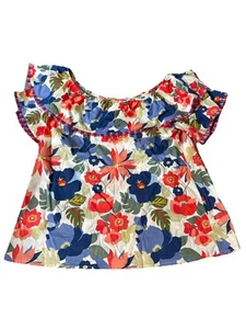 See And Be Seen Women’s Sz Lg Cotton Floral Off Shoulder Top Boho Fringe Ruffle - Picture 1 of 10