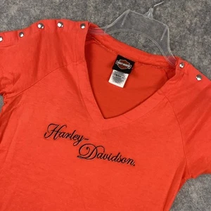 Harley Davidson Missoula MT Women’s Snap Shoulders Orange Black Silver Small 691 - Picture 1 of 7