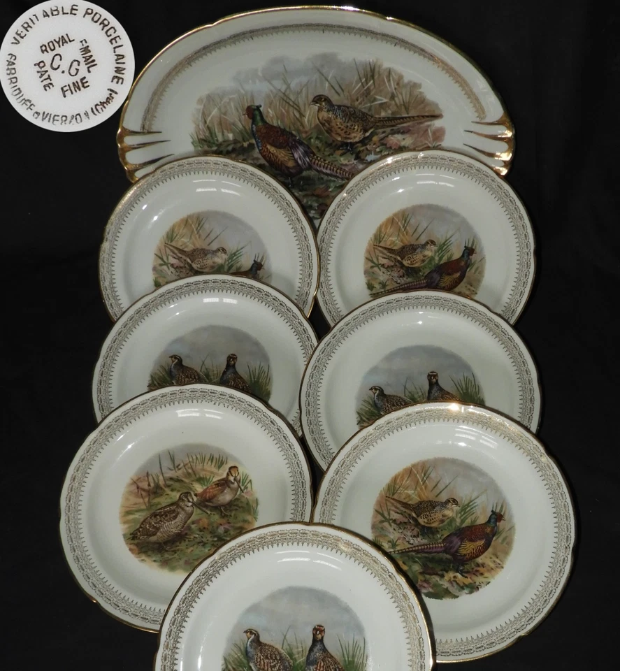 Porcelaine de Vierzon : x7 assiettes + 1 grand plat décor GIBIER DE CHASSE - Photo 1/4