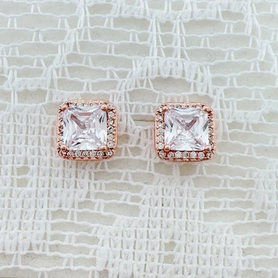 1pair Dazzling Plated Rose Gold Pave Square Sparkle Halo CZ Stud Earrings - Image 1 of 4