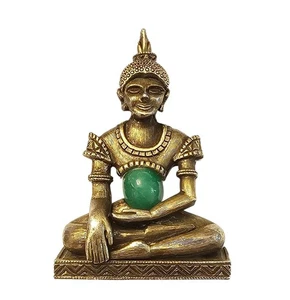 Marvella Gold Tone Buddha Brooch Oval Green Cabochon Pin, Signed - Picture 1 of 9