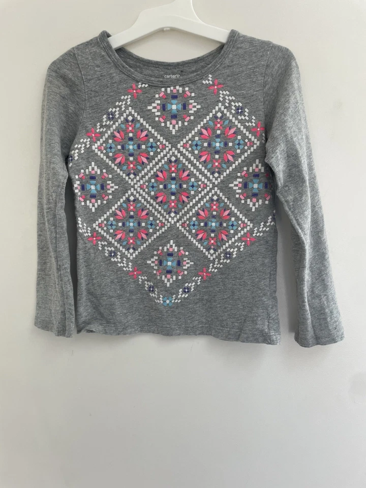 Camisa Carter's Niños Niñas Brillo Floral Fair Isle 100% Algodón Manga Larga Gris 5 Foto 1 de 4