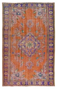 5.6x9 Ft Handmade Vintage Turkish Area Rug in Burnt Orange, Purple, Blue & Green - Picture 1 of 5