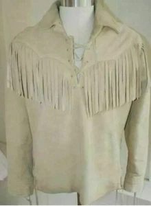 Camisa con flecos para hombre beige occidental piel de cordero de cuero gamuza montaña hombre MS-452 - Imagen 1 de 4