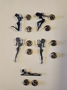 Set of 5 Vtg California Girl Mudflap Nude Lapel Hat Pins Silver Tone Double Post - Picture 1 of 6