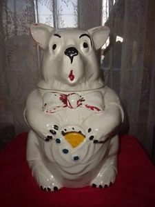 vntg 1943-1945 McCoy beige bear with cookie in vest red bow tie cookie jar GUC - Picture 1 of 11