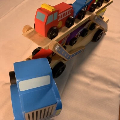 Melissa & Doug Wooden Car Carrier With 5 Race Cars And 1 Fire Engine. Excellent - Image 1 of 4