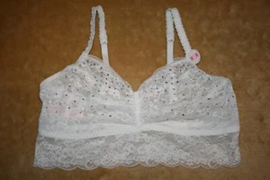 White Victoria's SecretFloral Mesh Bralette w Ruched Front & Jewels Size M - Picture 1 of 5