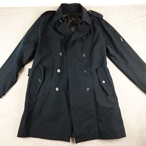 Banana Republic Trench Coat Mens XL Black Double Breasted Shoulder Epaulets Zip - Picture 1 of 23