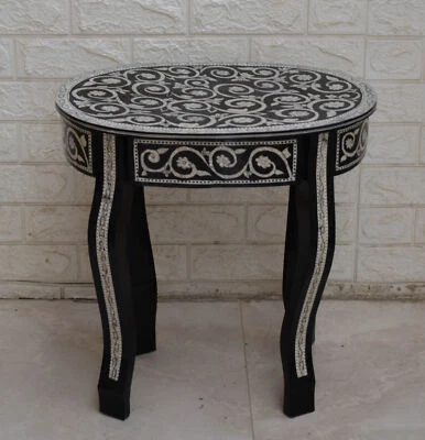 Handmade Moroccan Wood Side Coffee Oval Table with Mother of Pearl Inlay - Image 1 of 4