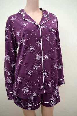 New M&S Star Print Aubergine Long Sleeve Top & Shorts Cool Comfort Pyjamas S M - Image 1 of 4