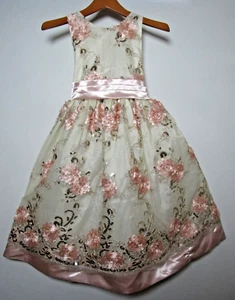 SHANIL Girls Size 10 Sheer White Gown Embellished With Sequins And Pink Flowers. - Picture 1 of 16