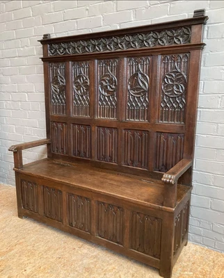 ARRIVES MAR 2026: 1700's Antique Oak Wood Gothic Bench with Lift lop Seat - Image 1 of 4