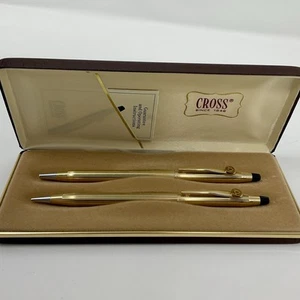 Juego de caja de lápices y bolígrafos Bell Telephone Cross Classic relleno de oro 10K con estuche - Imagen 1 de 7