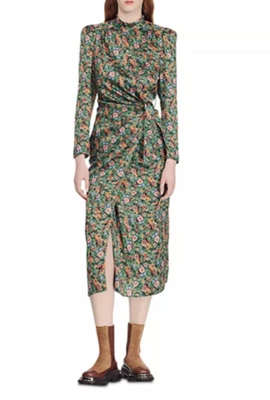 Sandro Midi Dress Sz 38 US 4 6 Green Floral Print Long Sleeve Mock Neck Modest - Image 1 of 4
