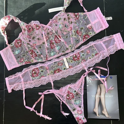 Victoria's Secret 32DD 34DD S-DD CORSET TOP BRA SET+garter PINK floral appliqué - Image 1 of 4