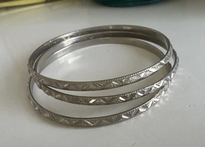 Antique Vintage Lot 3 Silver Diamond Cut Matching Patterned Bangle Bracelets 29g - Picture 1 of 5