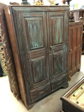 Distressed Blue Indi Boho Cabinet Reclaimed Chest Teak Wood Armoire Brass Handle