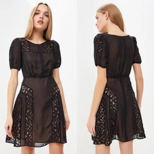 NEW FRENCH CONNECTION Black Chiffon DAWN MIX LACE PANEL Cocktail DRESS US 0 - Picture 1 of 12