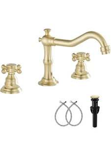 GGStudy Gold Two Handles 3 Holes Widespread Bathroom Sink Faucet  - Picture 1 of 11