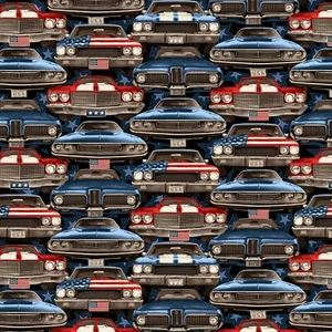 Tela de algodón American Muscle Patriotic Muscle Muscle Cars por 1/2 yarda - Imagen 1 de 2