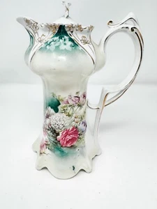 Antique R.S. Prussia Red Mark Chocolate Pot White Green Pink Roses Gold Trim - Picture 1 of 11