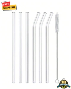 6 pcs Glass Straws with Cleaning Brush - Eco-Friendly & Reusable - Picture 1 of 12