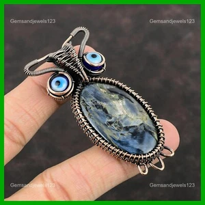 Copper Pietersite Gemstone Blue Color Evil Eye Owl And Wire Wrapped Wife Pendant - Picture 1 of 6