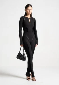 Maniere De Voir Jumpsuit Women Black Faux Leather Size 4 Contour Bandage - Picture 1 of 11