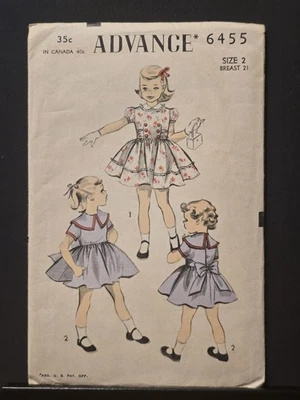 Vtg Advance Pattern 6455; ca. 1953; Toddler's Dress, 2 Versions; Size 2, Used. - Image 1 of 4