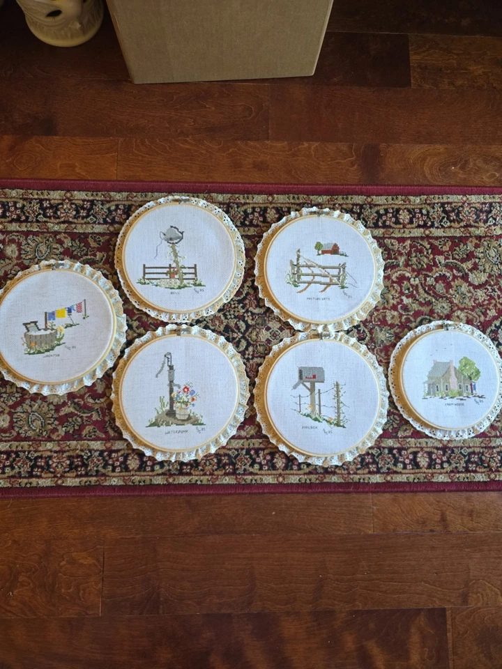 Vintage 6pcs Hand-made Cross Stitch In Round Hoop, 5  Pcs 10", Plus 1 Smaller  - Image 1 of 4