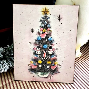 PRETTY SHABBY KITCHY RETRO VINTAGE MODERN STYLE CHRISTMAS CARD PINK TREE SIGN - Picture 1 of 11