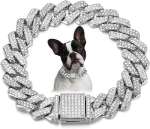 Pet Cat Dog Collar Bling Cuban Chain Gold Plated Cubic Zirconia Iced Necklace - Picture 1 of 12