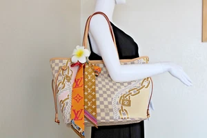 Louis Vuitton Neverfull Damier Azur Nautical MM w/ Pochette, Box, DB, Bandeau - Picture 1 of 17