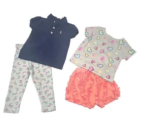 Baby Girls Floral Leggings, Navy Shirt, Ruffled Shorts, Hearts Shirt - 12 M - Picture 1 of 8