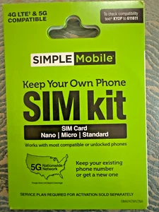 Simple Mobile Prepaid Sim Card Nano Micro Standard Kit 4G LTE Network - Photo 1 sur 2
