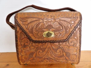 Vintage Hand Tooled Western Floral Popies Brown Leather Boho Hippie Handbag - Picture 1 of 17