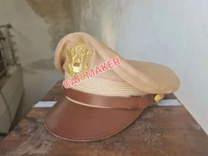 WW2 US Army Aircorps Military Airforce Officers Khaki Crusher Visor Hat Cap Repr - Picture 1 of 10