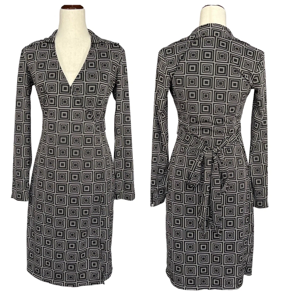 Женское платье Express Wrap размер 3/4 черное с геометрическим узором и v-образным вырезом с воротником - Изображение 1 из 4