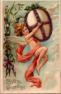 Cartolina auguri di Pasqua cherubino che vola con uovo di Pasqua diviso sul retro non pubblicata - Foto 1 di 2