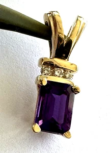 14K Solid Yellow Gold Amethyst 3 Diamond Ladies Pendant Charm - Picture 1 of 17