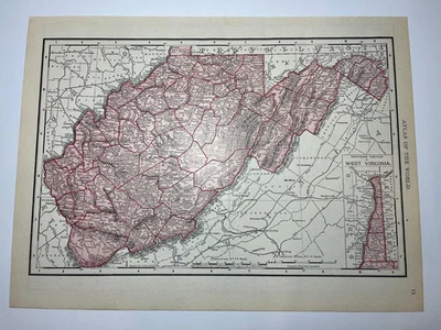 Mapa Estatal 1909/1910 VIRGINIA OCCIDENTAL "ROJO" fm 1911 Nuevo Atlas Censo VER DESCRIPCIÓN Foto 1 de 3