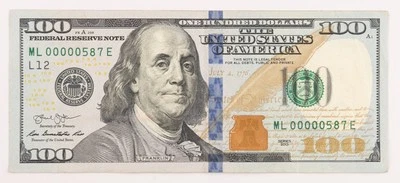 $100 Federal Reserve Note 2013 Series LOW SERIAL ML00000587E (3 Digit) - Image 1 of 2