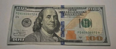 2017 Series $100 Note Rare Repeater - FANCY PD60606072A - Image 1 of 4